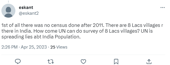 Screenshot of tweet saying, "There are 8 lacs villages r there in India. How come UN can do survey of 8 lacs villages? UN is spreading lies about India population."