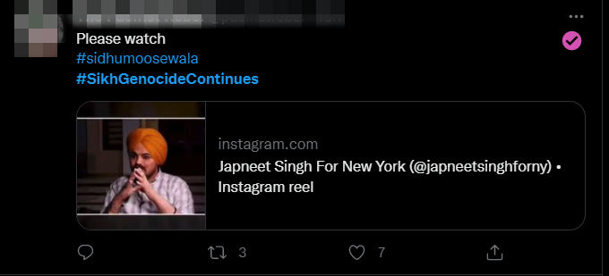 Tweet reads: Please watch #SidhuMooseWala #SikhGenocideContinues